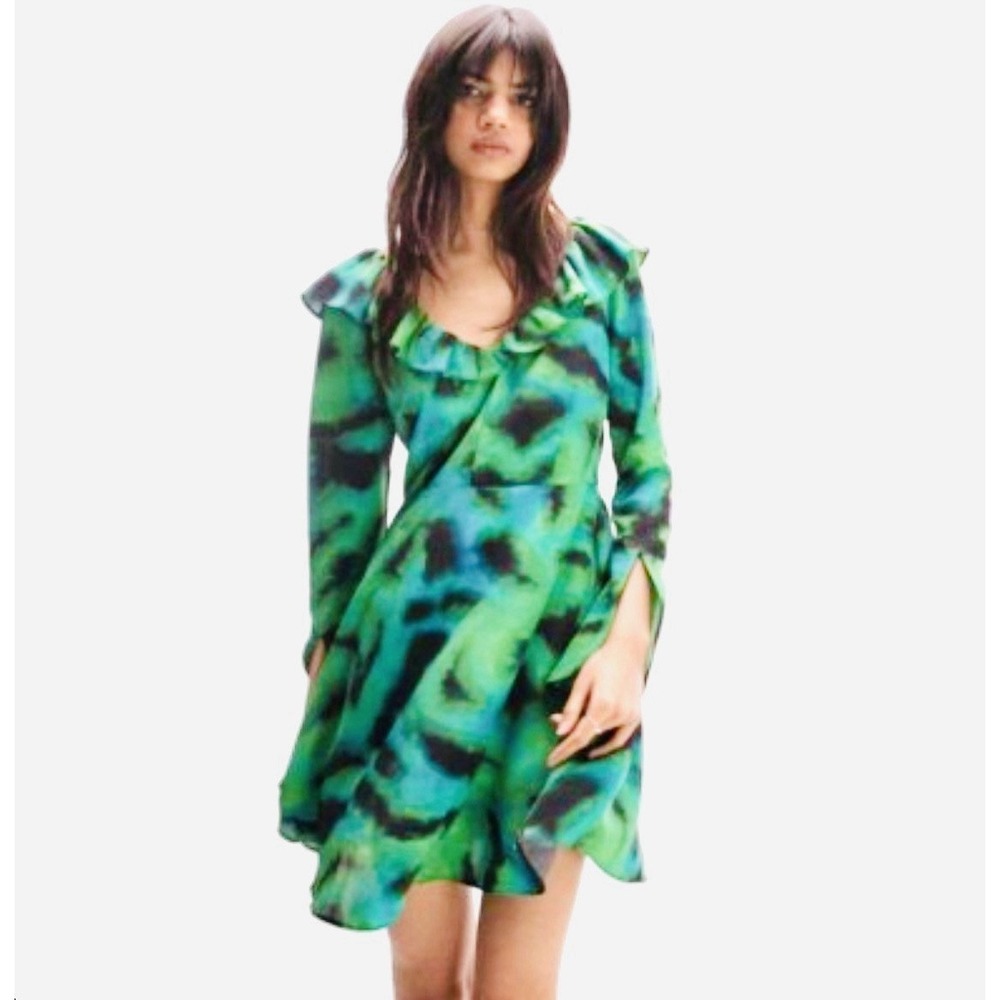 NWT Topshop Whimsical Tea Dress Green Print Ruffle Neck Long Sleeve Casual Sz 4